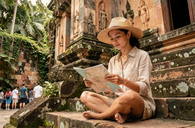 Voyageuse consultant une carte devant un temple ancien en Asie du Sud-Est, entouré de végétation tropicale et de sculptures en pierre