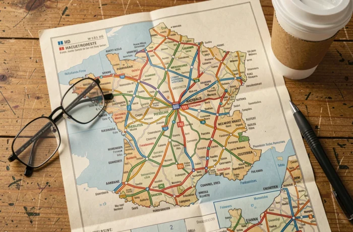 Vue aérienne d'une carte détaillée du réseau autoroutier français posée sur une table en bois avec stylo et lunettes